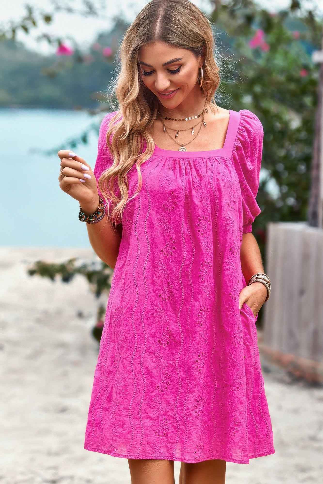 short sleeveless babydoll dress Square Neck Short Bubble Sleeve Babydoll Dress