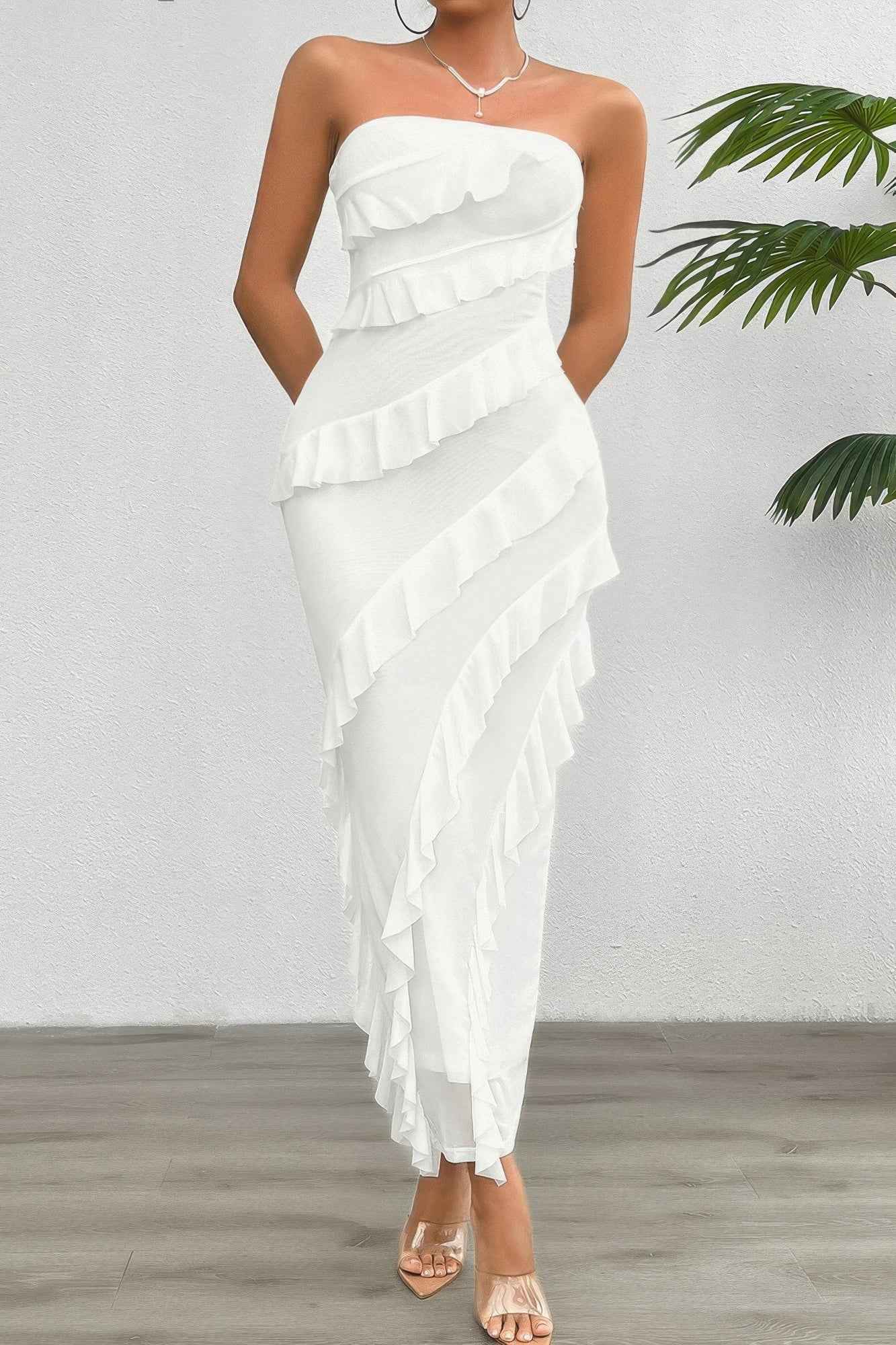 Solid Off Shoulder Ruffle Sleeveless Maxi Dress