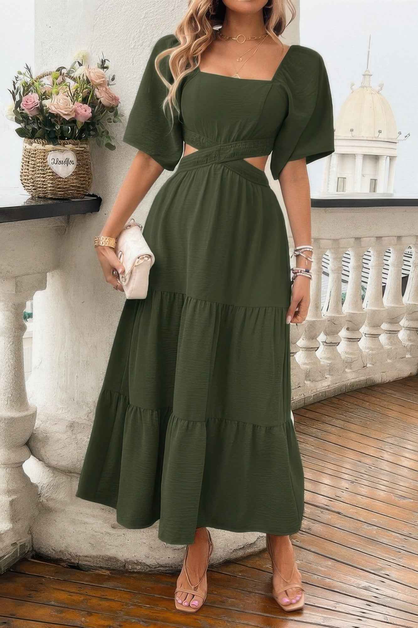 Solid Square Neck Cut Out Cross Ruffle Dress