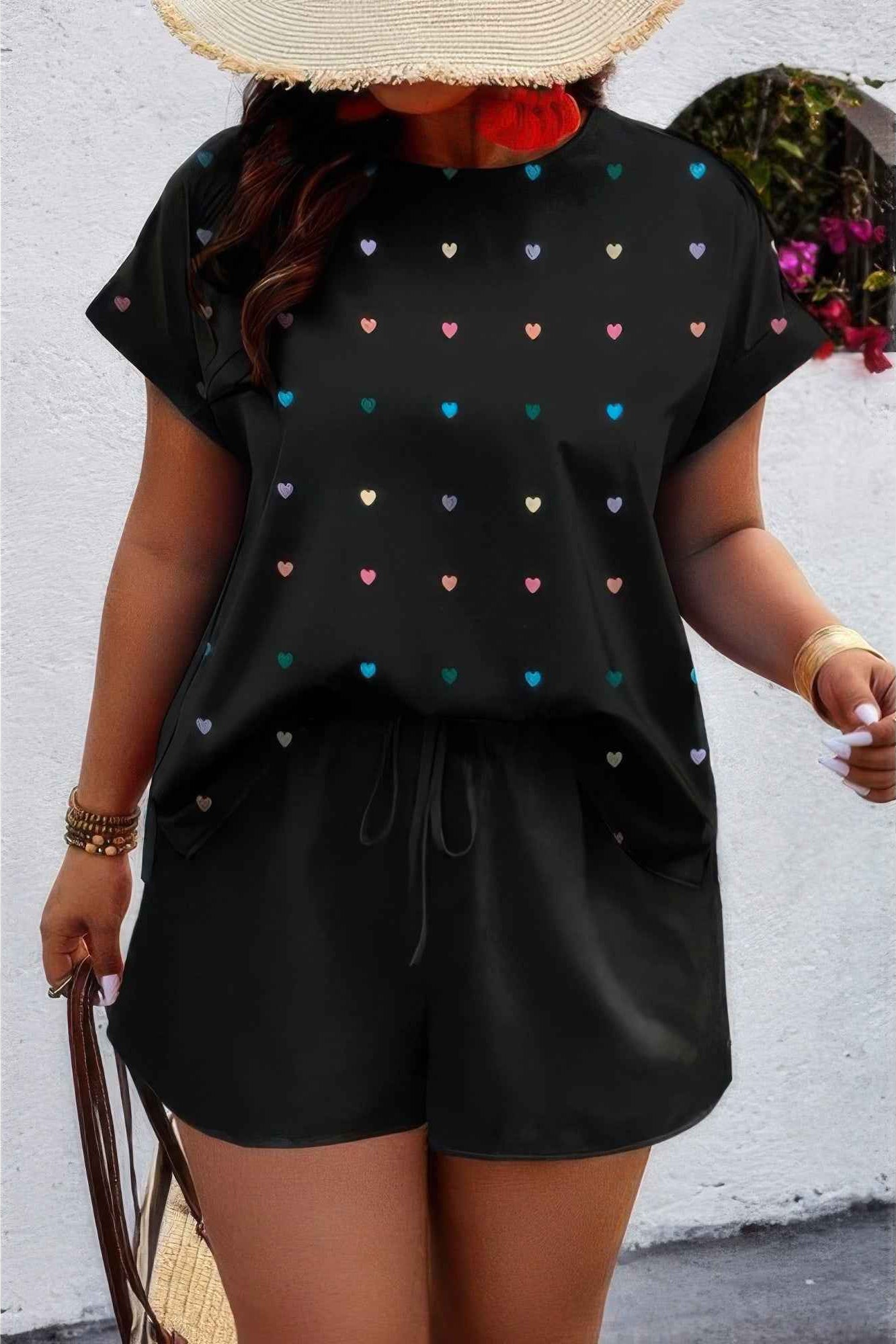 Plus Size Heart Print Drawstring Waist Sets