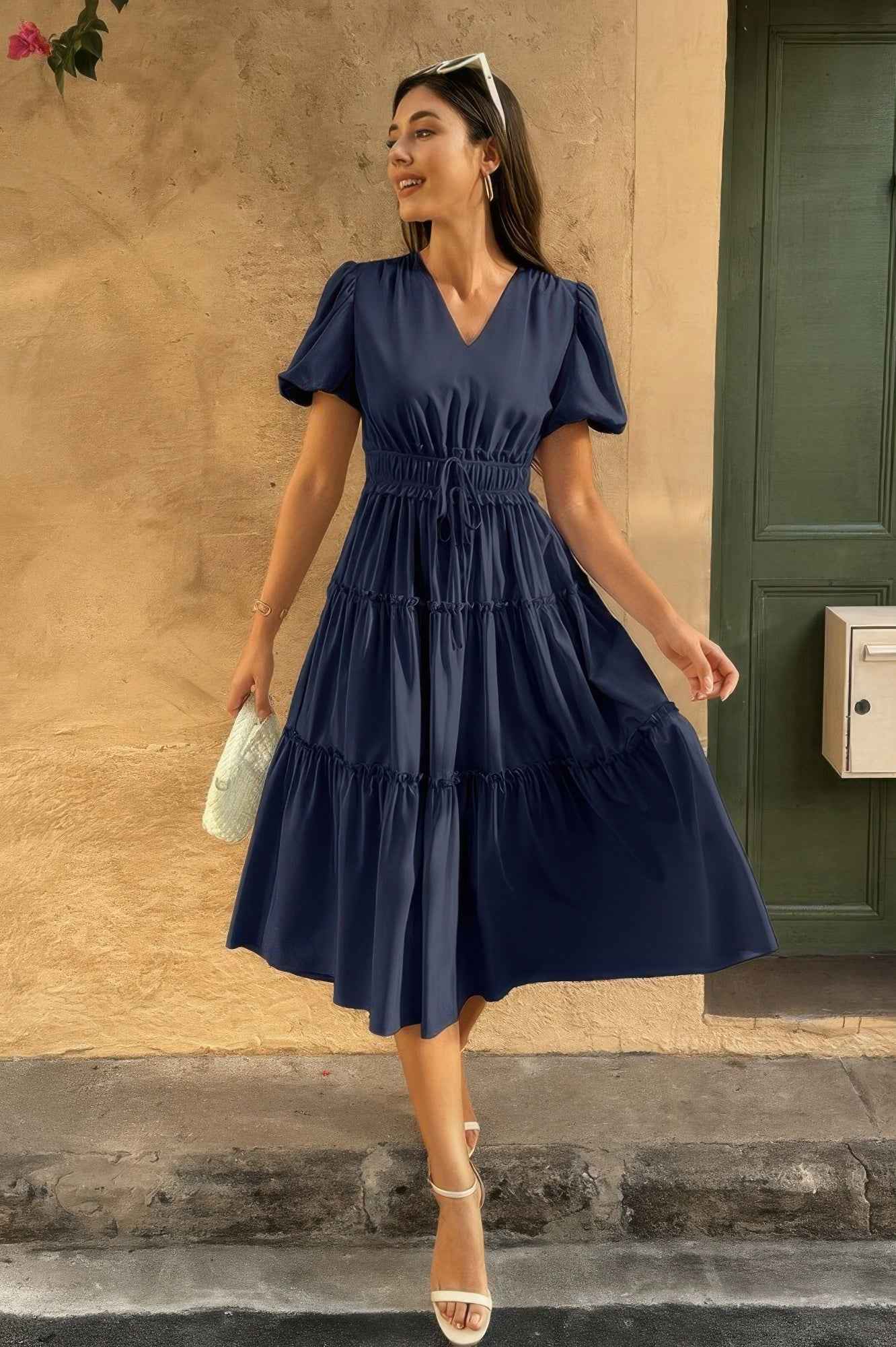 Solid Color Block Puff Sleeve Elastic Waist Dress