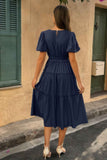 Solid Color Block Puff Sleeve Elastic Waist Dress