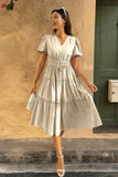 Solid Color Block Puff Sleeve Elastic Waist Dress