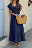 Square Neck Cross Knot Pockets Ruffle Hem Dress