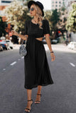 Solid Round Neck Cutout Waist A Line Midi Dress