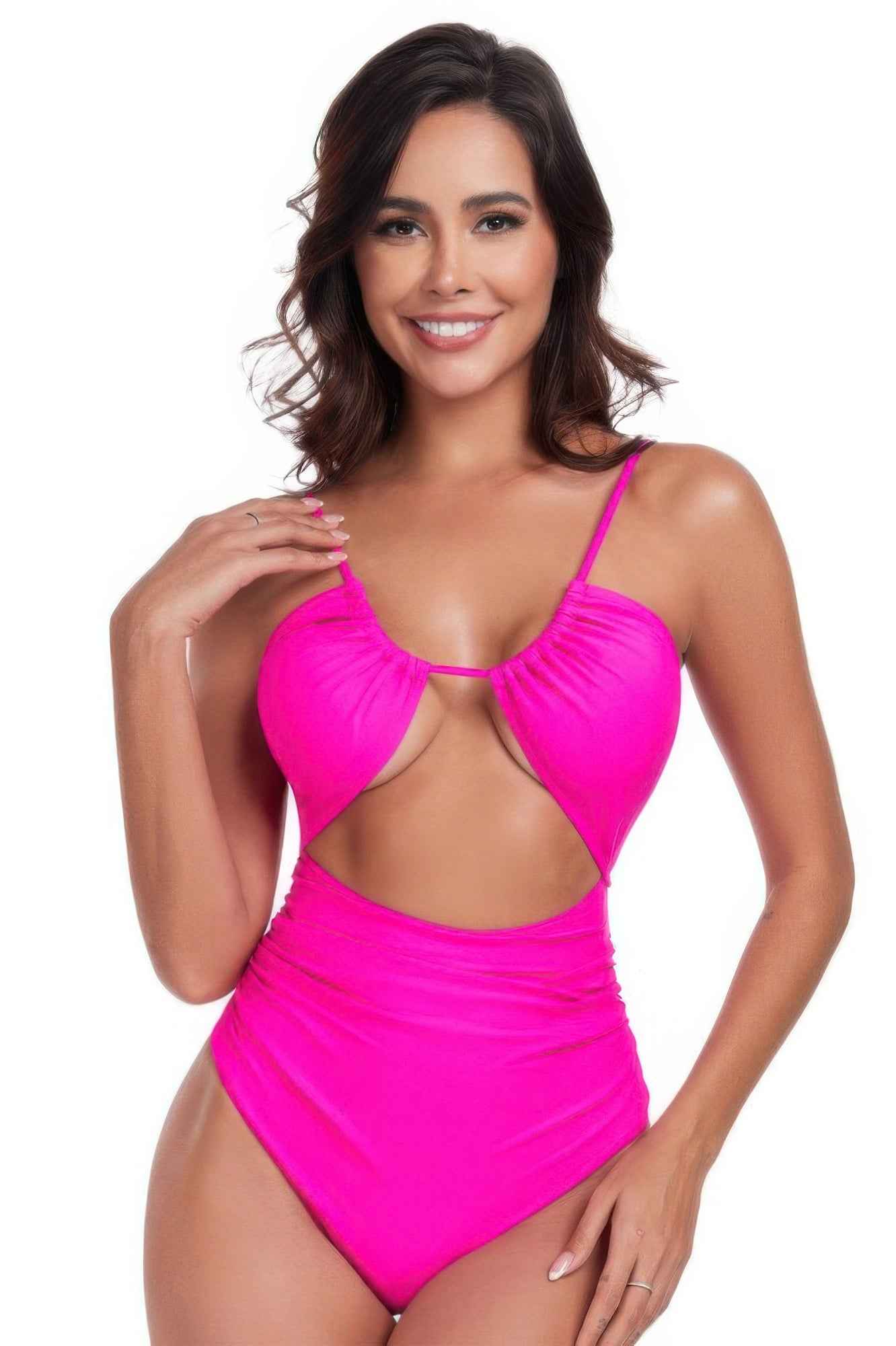 One Piece Solid Ruched Strap Cut Out Swimsuit