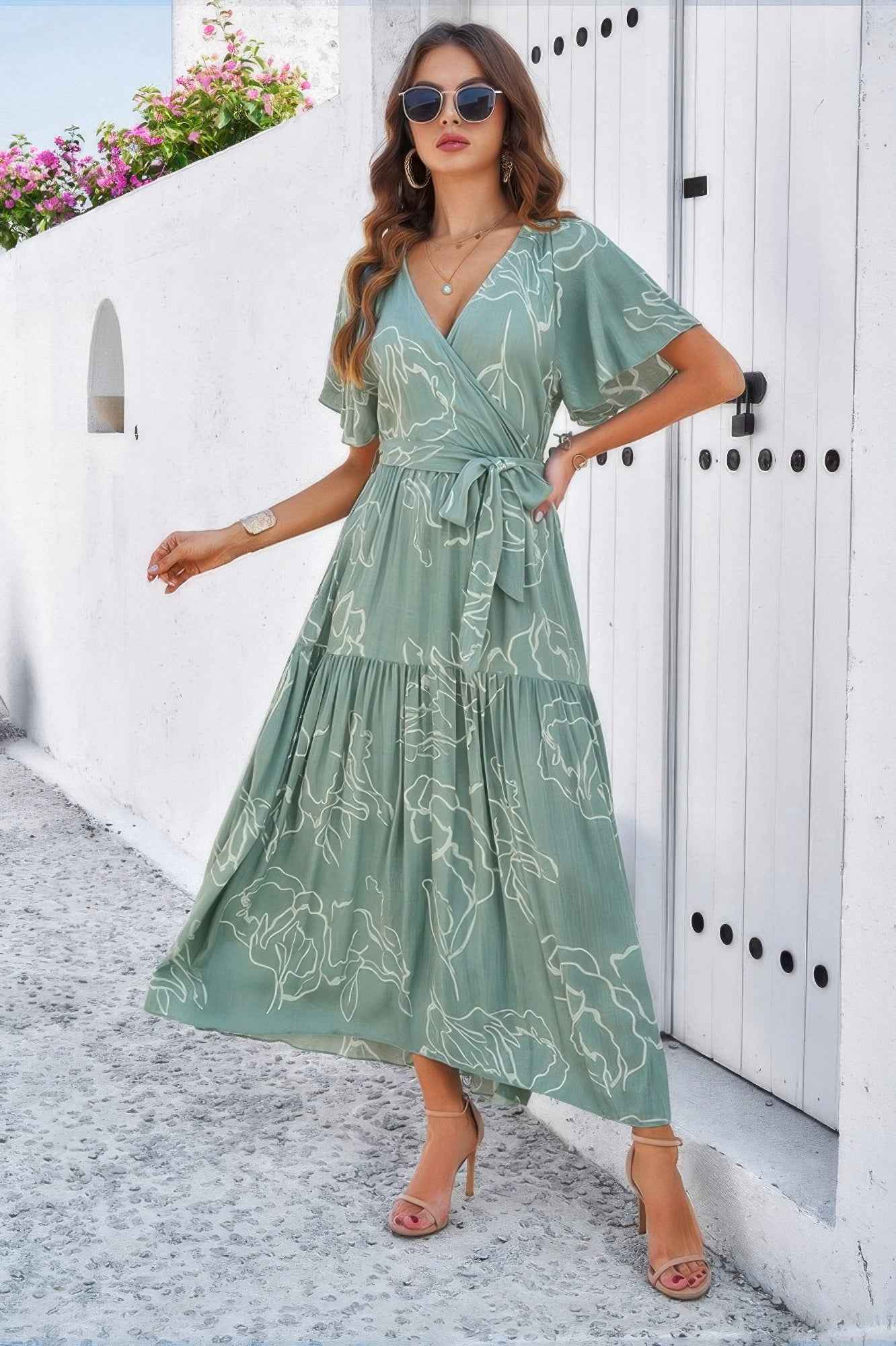 Allover Print V Neck Fit Belt A Line Long Dress
