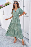 Allover Print V Neck Fit Belt A Line Long Dress