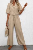 Drop Shoulder Tie Front Wide Leg Pant Set