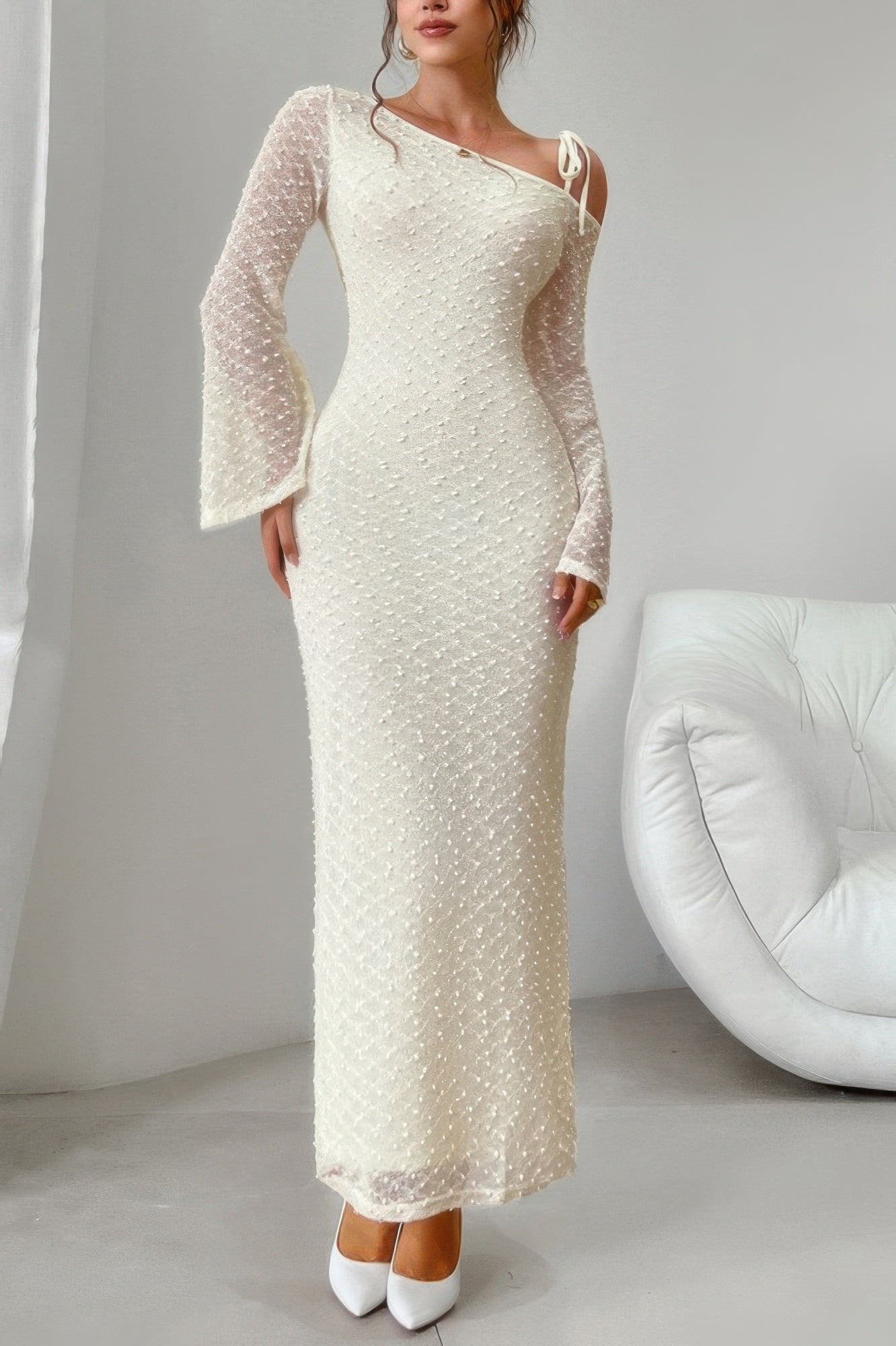 princess polly baby blue dress White Off Shoulder Lace Up Flare Long Sleeve Slim Maxi Dress Women Hollow  Out Mermaid Floor Length Vestidos Female Elegant Robe main image 0
