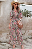 Boho Print Short Sleeve Shirred Waist Fit Jumpsuit