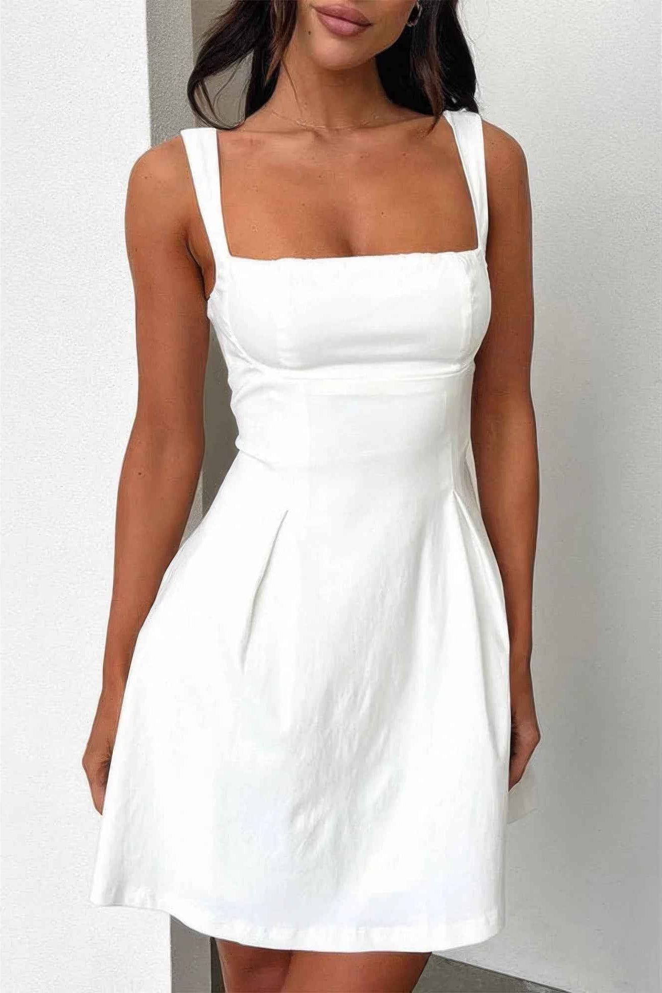 Solid Square Neck Fit Sleeveless Short Dress