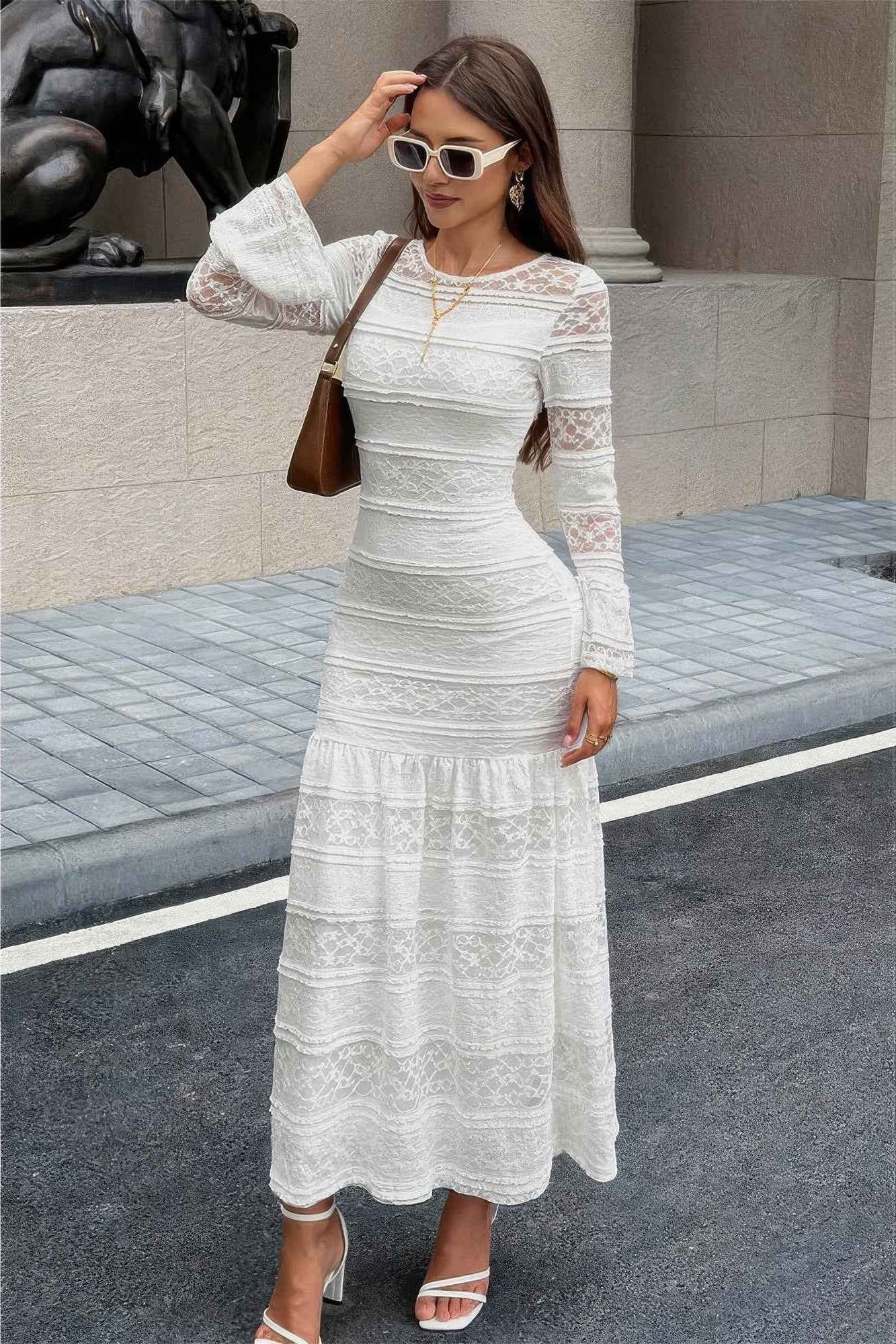 Lace Mermaid Round Neck Solid Maxi Dress