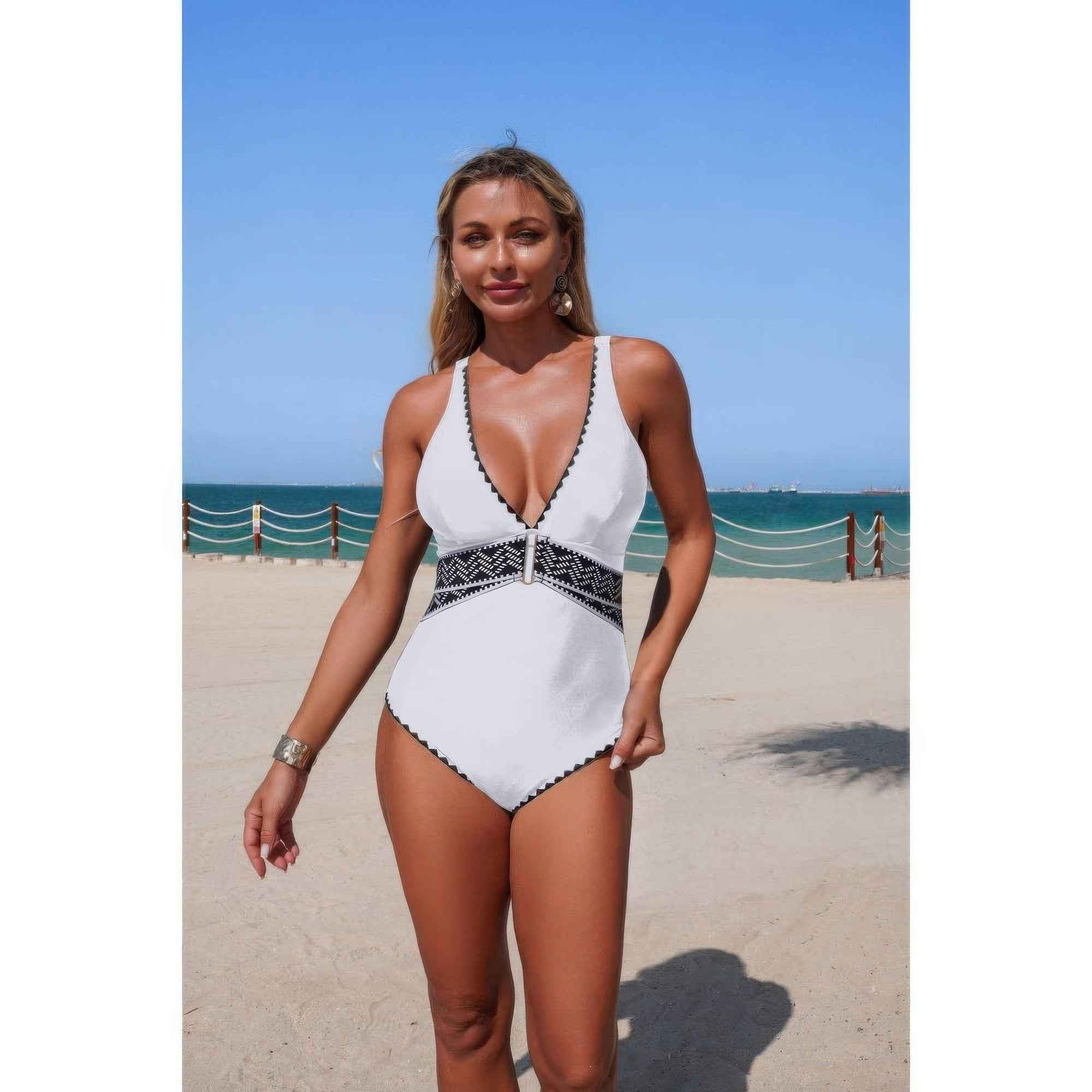 One Piece V Neck Serrated Trim Stretch Swimsuit