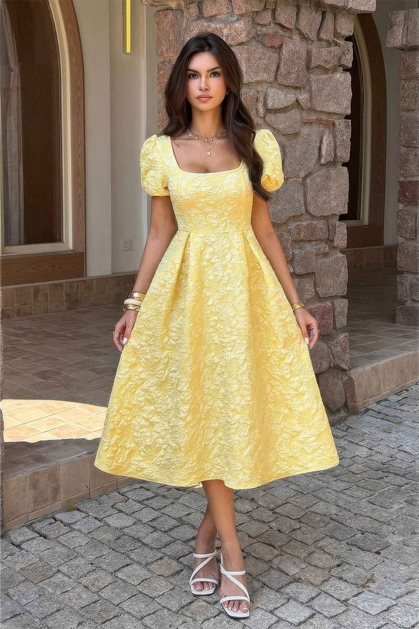 Solid Square Neck Puff Sleeve Midi Dress