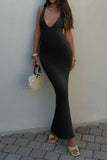 Solid V Neck Halter Cross Back Maxi Dress