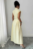 Front Slit Collar Cap Sleeve Ruched Waist Long Dress