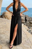 Halter Deep V Neck High Slit Ruched Maxi Dress