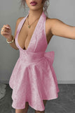 Halter V Neck Back Cross Knot Embroidery Dress