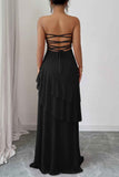 Off Shoulder Cross Back High Waist Layer Maxi Dress