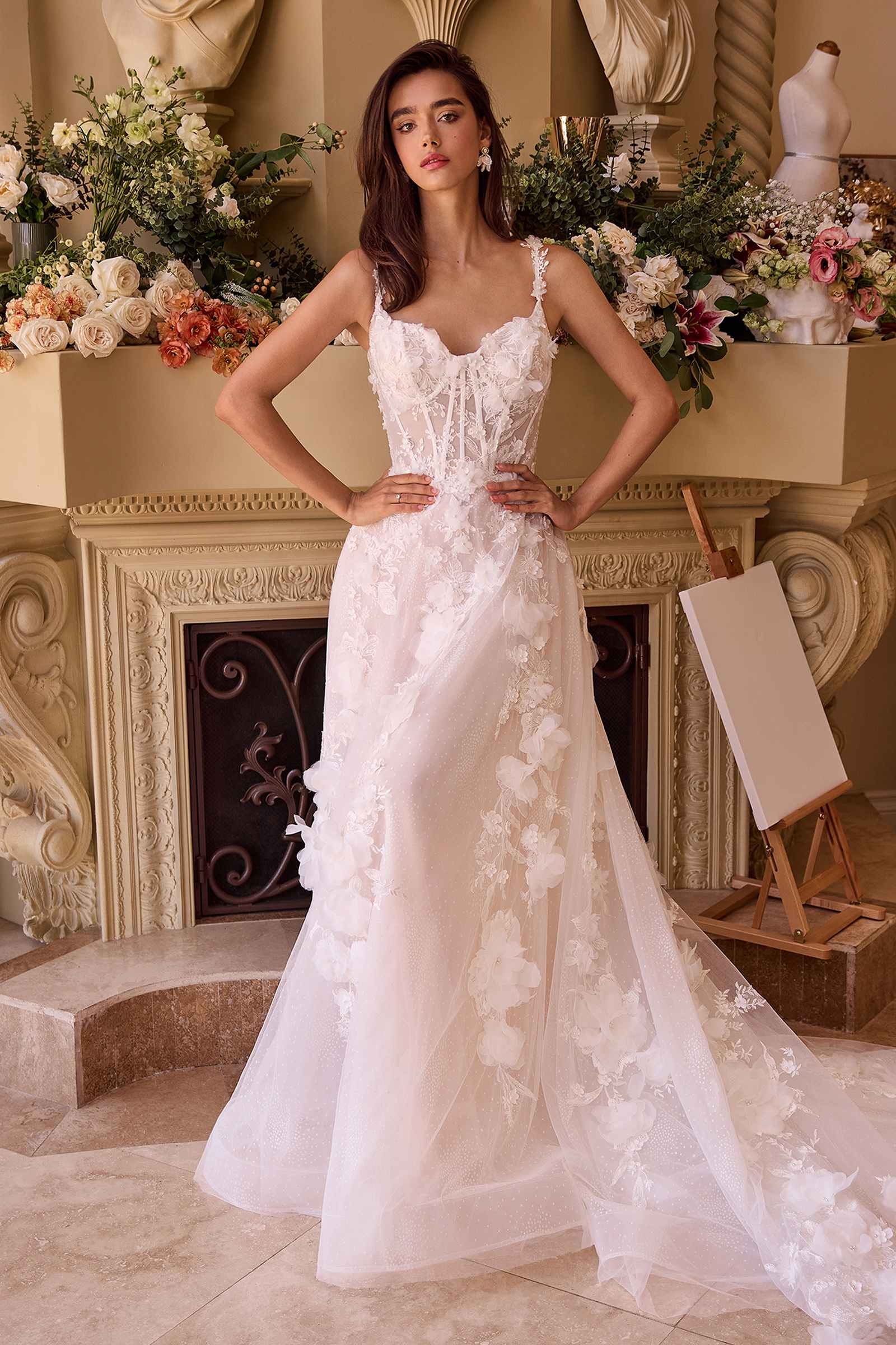 Ladivine WL045 Wedding Gown Intricate Floral Applique A-Line Tulle Dress