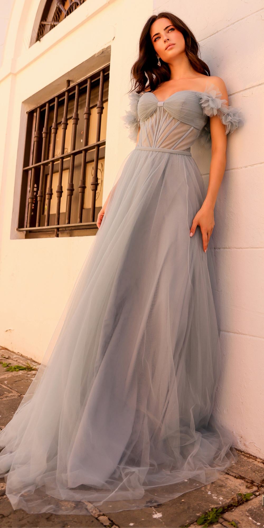 Nox Anabel Y1474 Long Ruffled Off the Shoulder Boned Bodice A-Line Gown