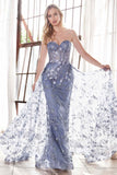 Ladivine CB046 Strapless Fitted Gown Floral Applique And Glitter Tulle Overskirt