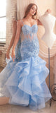 Ladivine CC8915 Long Rose Lace Applique Tiered Skirt Mermaid Dress