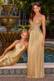 Ladivine CDS576 Gold Beaded Corset A-Line Prom & Formal Gown
