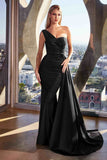 Ladivine PT004 Long Chic One Shoulder Stretch Satin Side Sash Gown