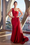 Ladivine PT004 Long Chic One Shoulder Stretch Satin Side Sash Gown