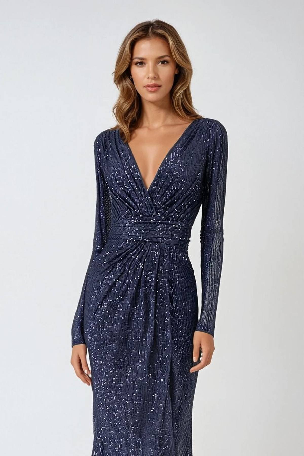 Ladivine Amoris T807 Knee Length Long Sleeve Sequin Dress V-Neckline