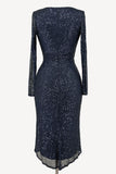 Ladivine Amoris T807 Knee Length Long Sleeve Sequin Dress V-Neckline