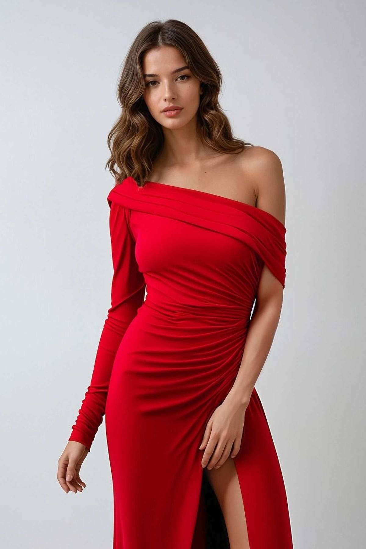 Ladivine Amoris T808 One Sleeve Off Shoulder Fitted Gown with Slit