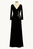 Ladivine Amoris T809 Long Sleeve V-Neckline Embellished Leg Slit Gown