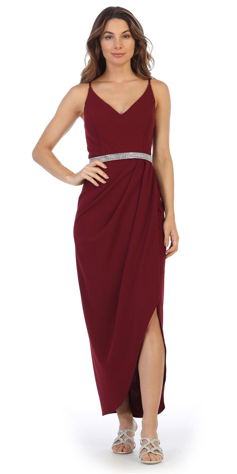 Burgundy Belted Faux-Wrap Style Long Formal Dress