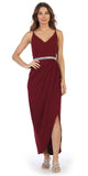 Burgundy Belted Faux-Wrap Style Long Formal Dress