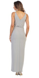 Silver Belted Faux-Wrap Style Long Formal Dress