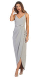 Silver Belted Faux-Wrap Style Long Formal Dress