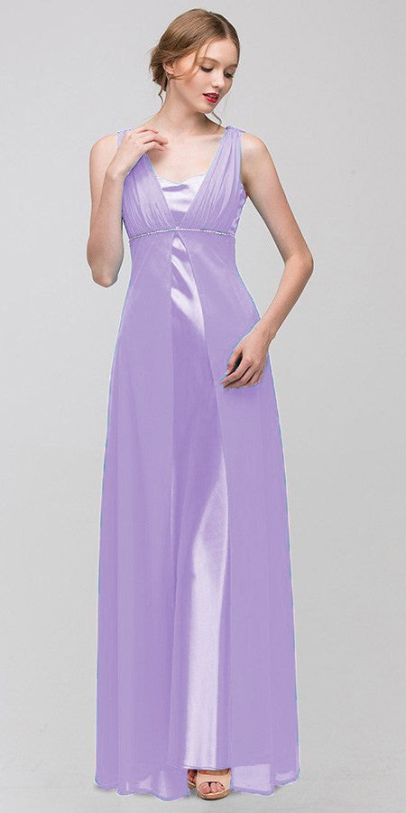 Long Sleeveless Belted Empire Waist Lilac Bridesmaid Gown