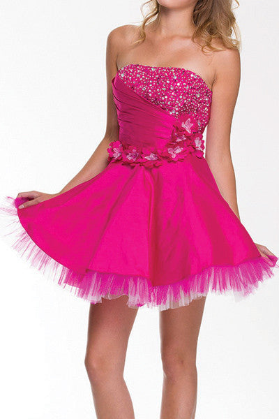 Lace Up Back Fuchsia Dress Short A Line Strapless Taffeta Beading
