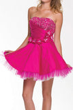 Lace Up Back Fuchsia Dress Short A Line Strapless Taffeta Beading