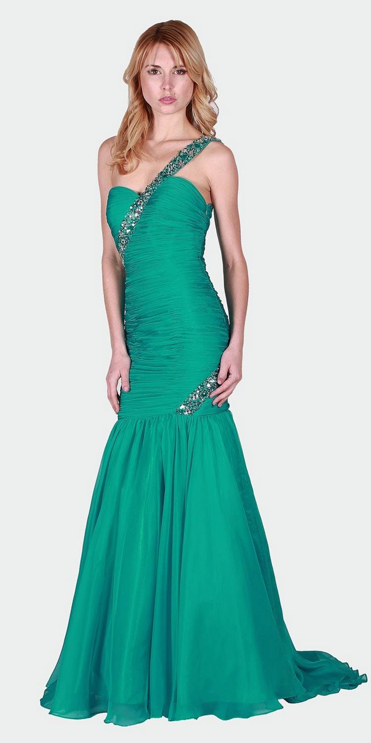 Long Prom Gown with Beaded One-Shoulder Strap Jade
