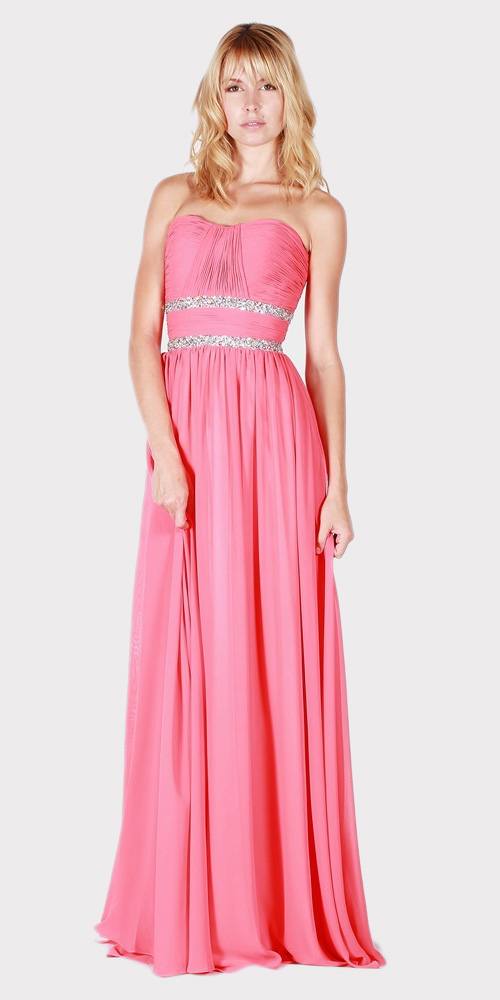 Pink Strapless A-line Long Formal Dress Ruched Bodice