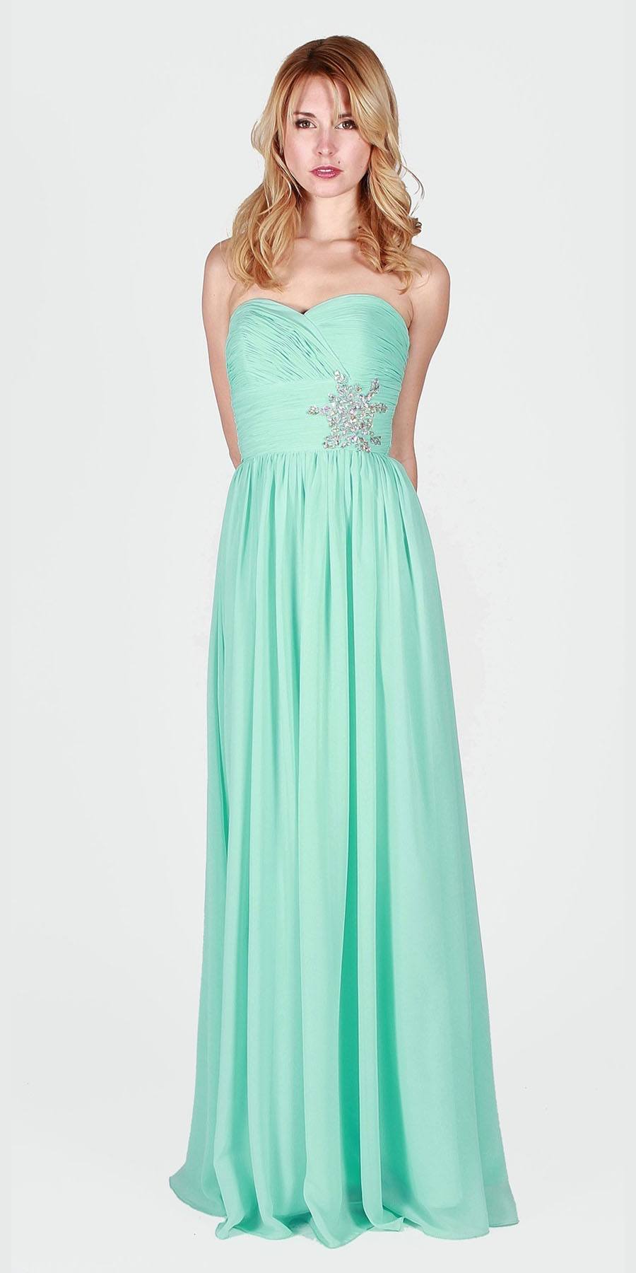 Aqua Ruched Bodice Strapless Long Formal Dress