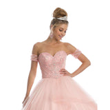 Juliet 1424 Blush Quinceanera Ball Gown Tulle Skirt With Arm Bands Beaded Bodice