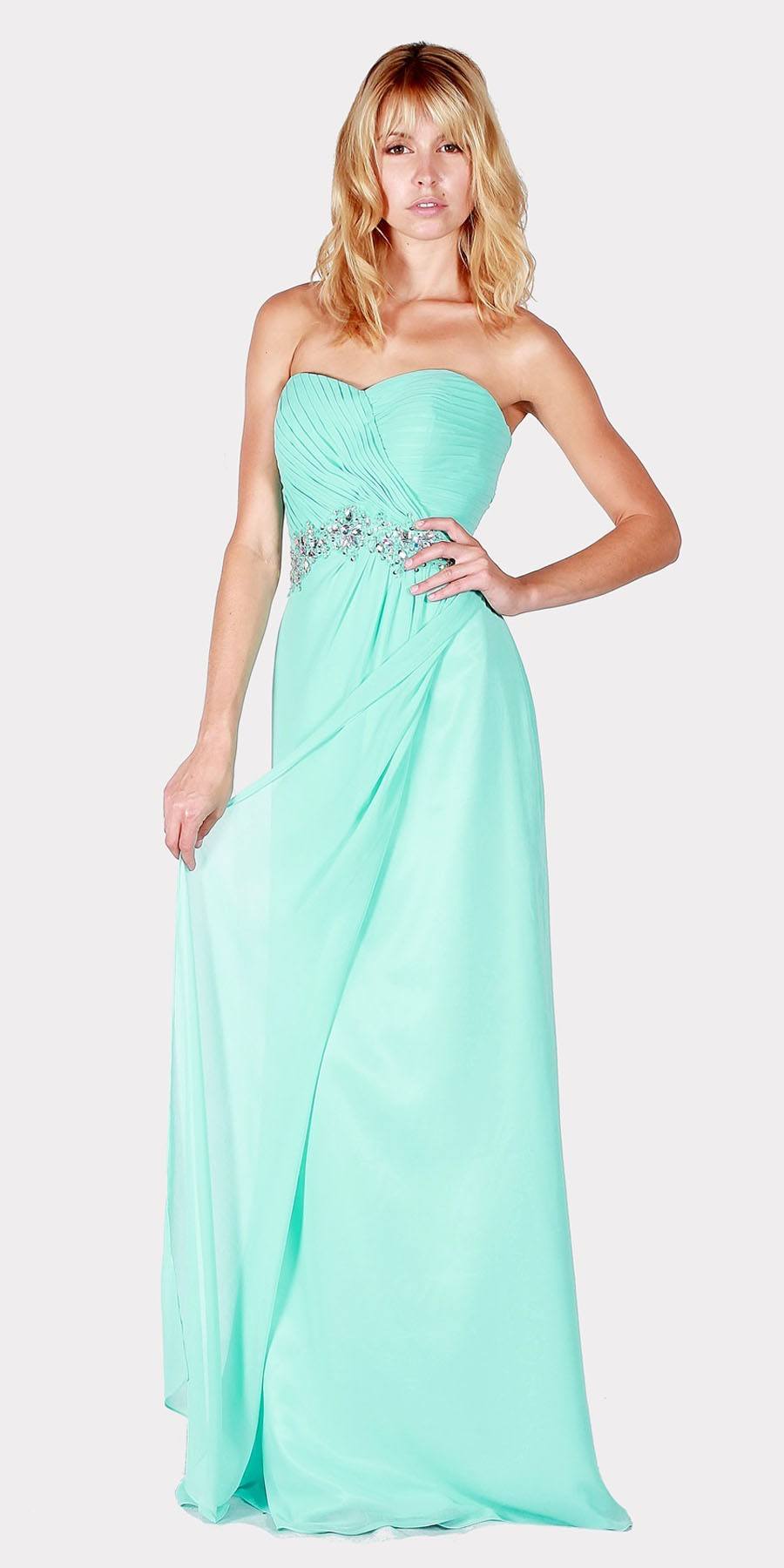 Strapless Long Formal Dress Embellished Waist Aqua