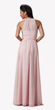 High Neck Illusion Blush Back Long Chiffon A Line Dress