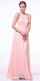 High Neck Illusion Peach Long Chiffon A Line Dress