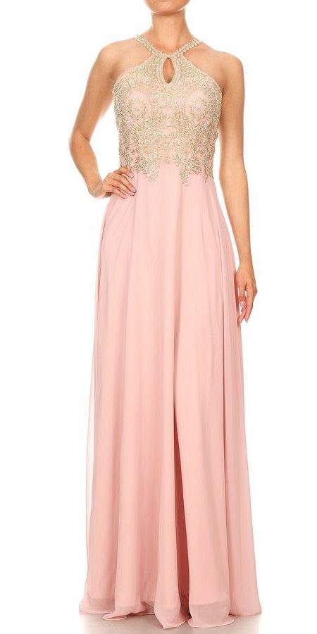 Halter Keyhole Neck Long Prom Dress Dusty Rose